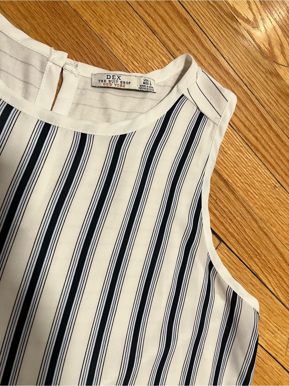 NWOT- Dex White sleeveless top with Blue Vertical Stripes, size L